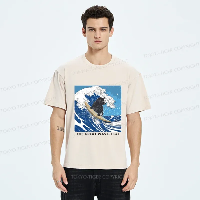 Tokyo-Tiger Cat Surfing Funny Washed T-Shirt