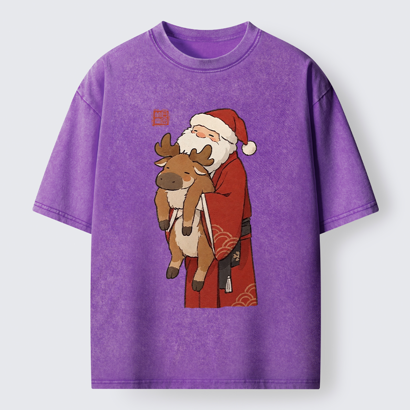 Tokyo‑Tiger Kimono Santa Hug Moose Washed T‑Shirt
