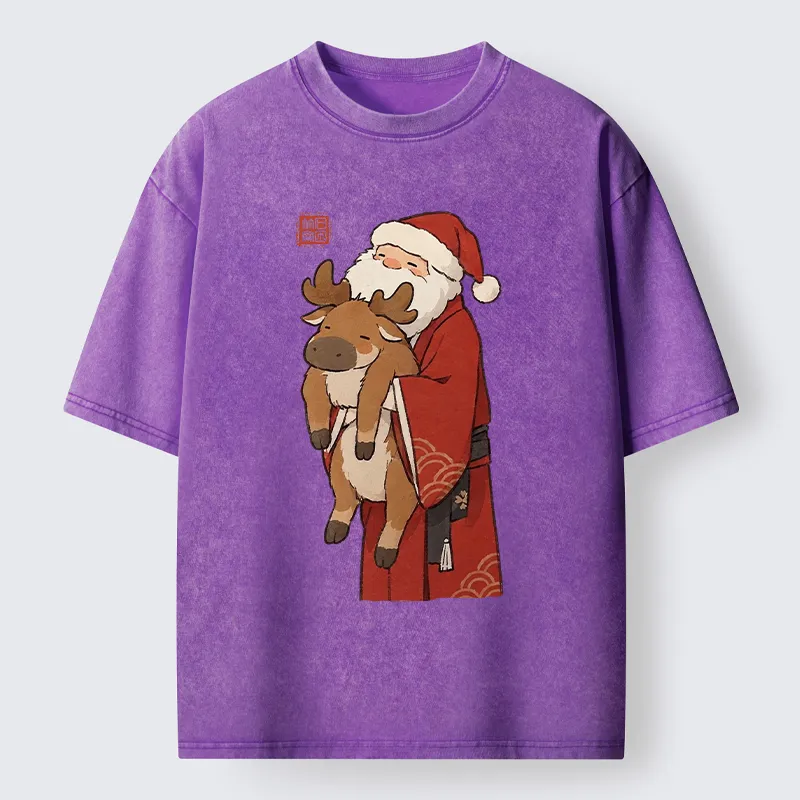 Tokyo‑Tiger Kimono Santa Hug Moose Washed T‑Shirt