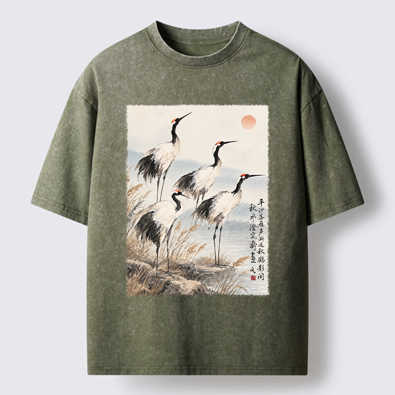Tokyo-Tiger Vintage Oriental Crane Art Washed T-Shirt