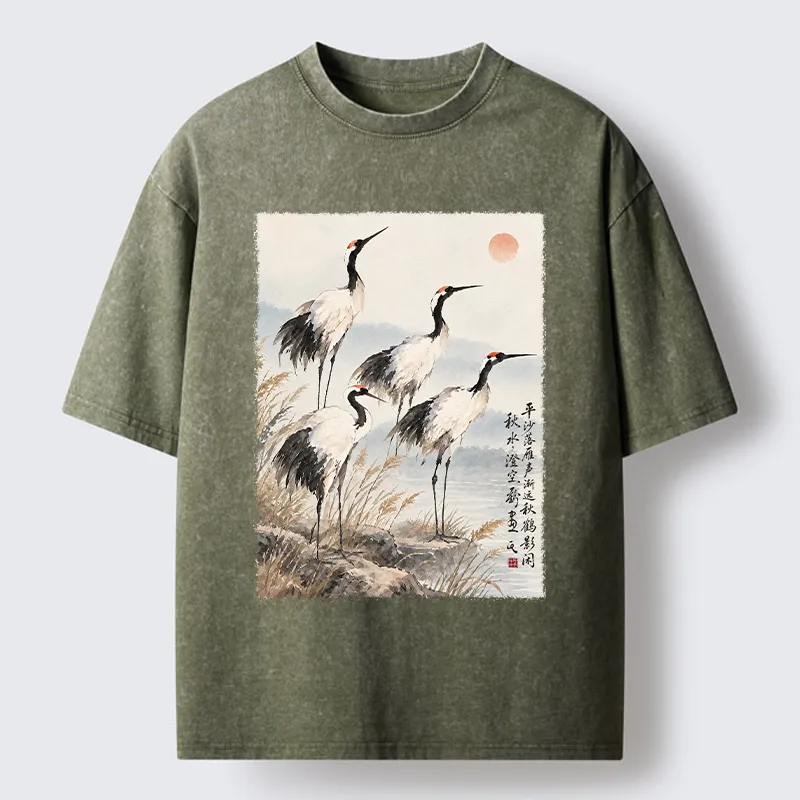 Tokyo-Tiger Vintage Oriental Crane Art Washed T-Shirt