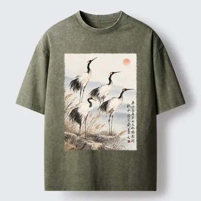 Tokyo-Tiger Vintage Oriental Crane Art Washed T-Shirt