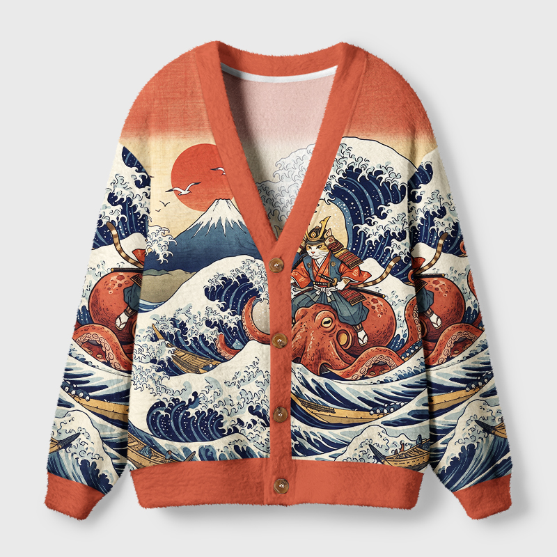 Tokyo-Tiger Ukiyo-E Samurai Cat Riding Octopus Ugly Cardigan Sweater