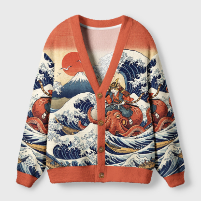 Tokyo-Tiger Ukiyo-E Samurai Cat Riding Octopus Ugly Cardigan Sweater