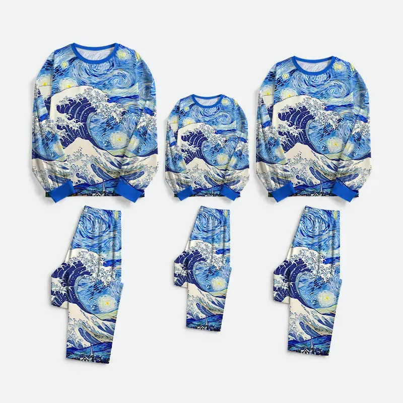 Tokyo-Tiger Waves Under The Starry Night Family Pajama Sets