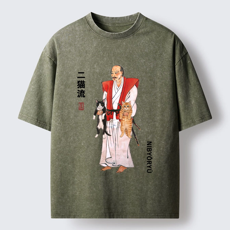 Tokyo‑Tiger Two Cat Samurai Vibe Washed T‑Shirt