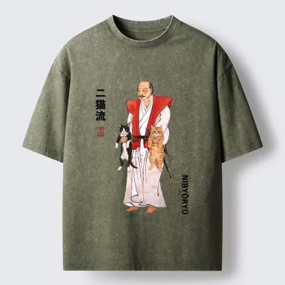 Tokyo‑Tiger Two Cat Samurai Vibe Washed T‑Shirt