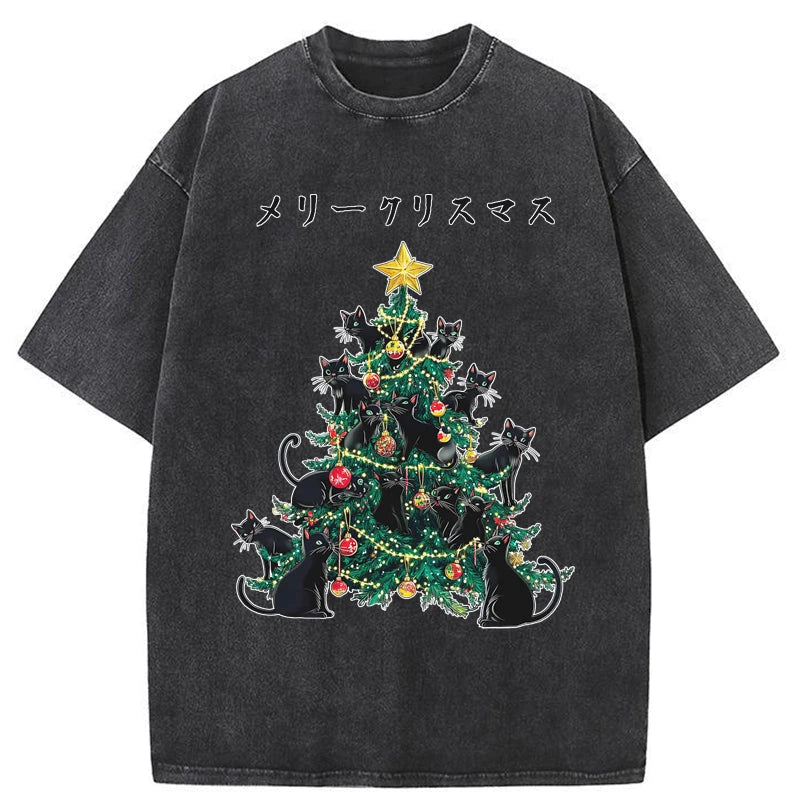 Tokyo-Tiger Meowy Christmas Tree Washed T-Shirt