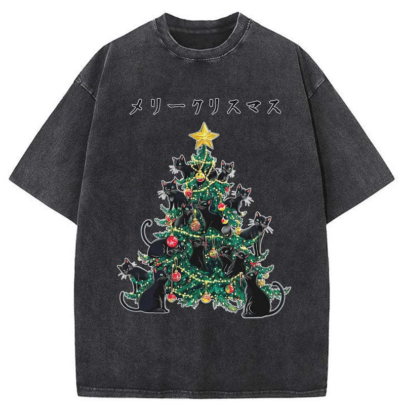Tokyo-Tiger Meowy Christmas Tree Washed T-Shirt