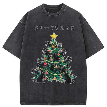 Tokyo-Tiger Meowy Christmas Tree Washed T-Shirt