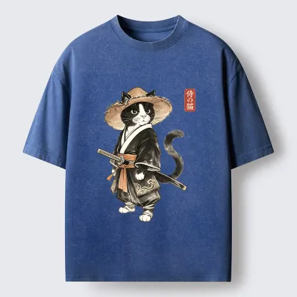 Tokyo‑Tiger Funny Samurai Cute Cat Washed T‑Shirt