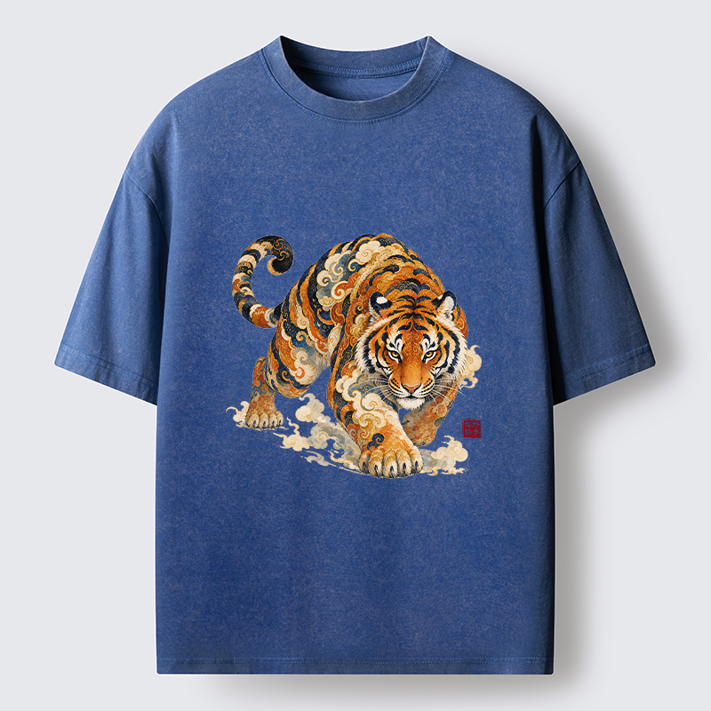 Tokyo-Tiger Vintage Cloud Tiger Print Washed T-Shirt
