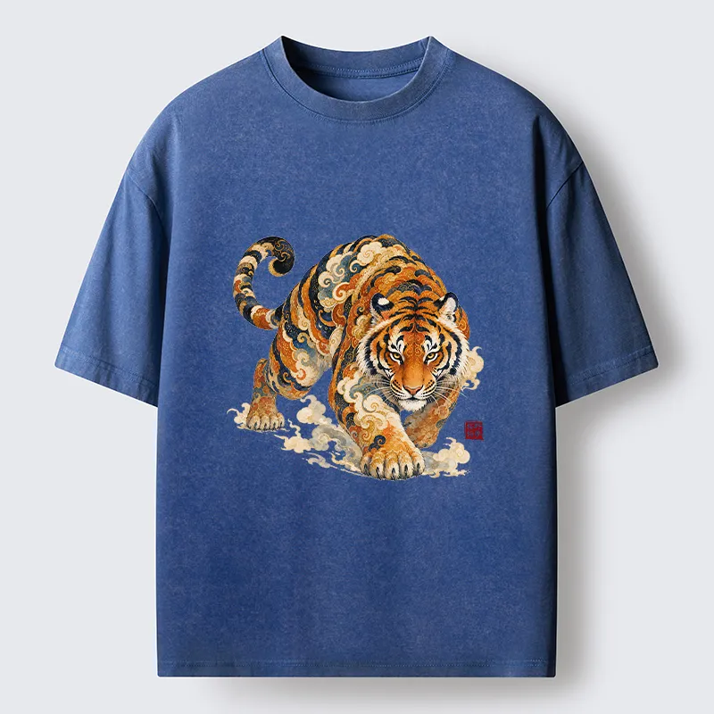 Tokyo-Tiger Vintage Cloud Tiger Print Washed T-Shirt