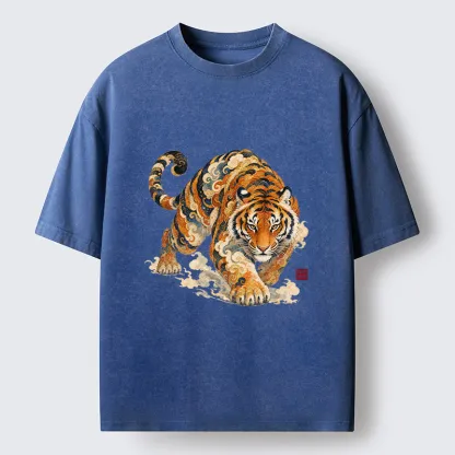 Tokyo-Tiger Vintage Cloud Tiger Print Washed T-Shirt