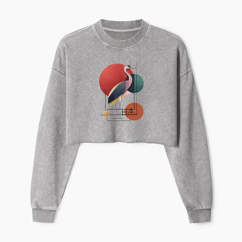Tokyo-Tiger Geometric Crane Art Washed Crop Sweatshirt