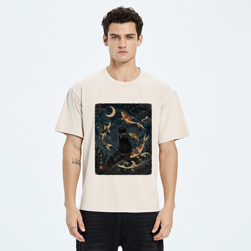 Tokyo-Tiger Black Cat And Koi Fish Washed T-Shirt