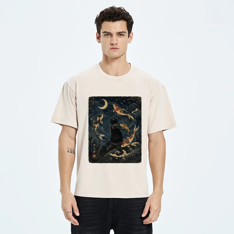 Tokyo-Tiger Black Cat And Koi Fish Washed T-Shirt