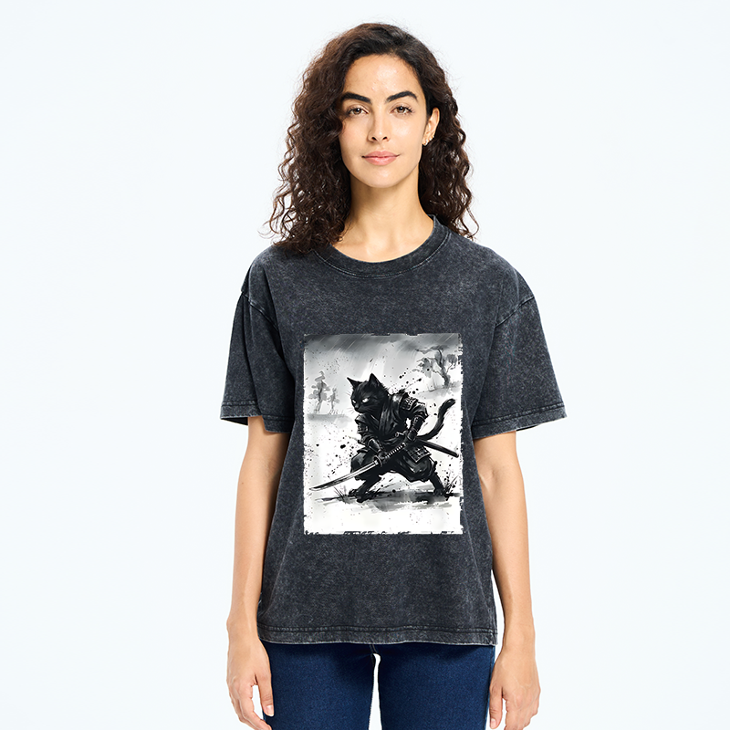 Tokyo-Tiger Ink Samurai Cat Art Washed T-Shirt