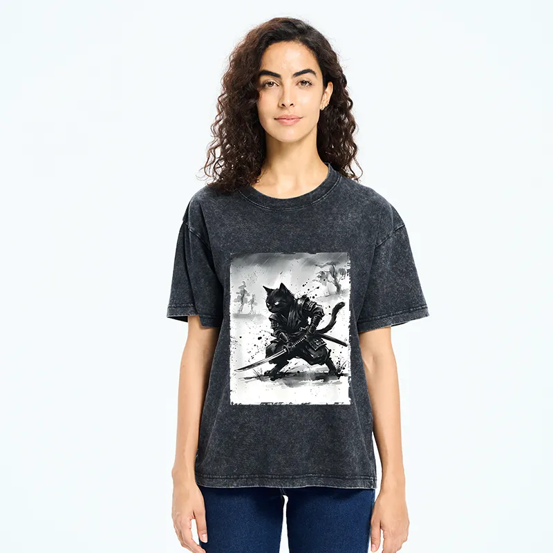 Tokyo-Tiger Ink Samurai Cat Art Washed T-Shirt