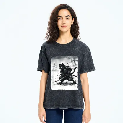 Tokyo-Tiger Ink Samurai Cat Art Washed T-Shirt