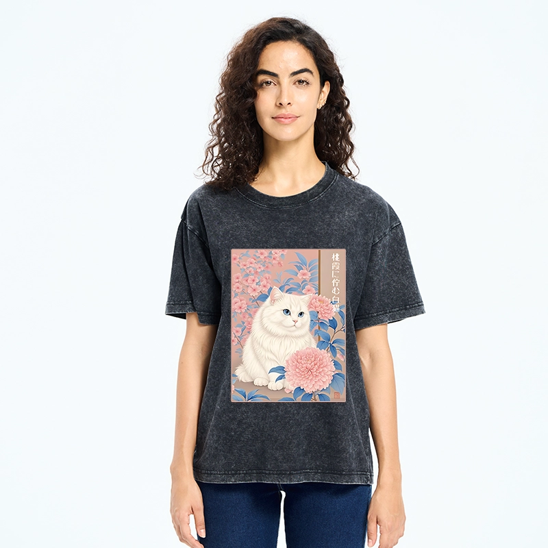 Tokyo-Tiger White Cat Pink Blossom Soft Art Washed T-Shirt