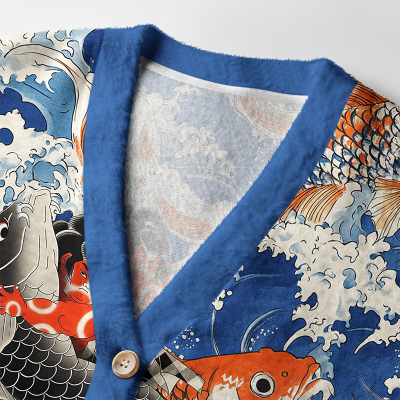 Tokyo-Tiger Sumo Wrestler Holding A Koi Ugly Cardigan Sweater