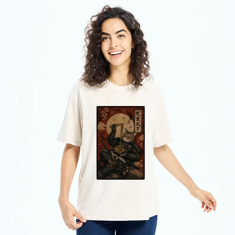 Tokyo-Tiger Bushido Cat Takes A Cozy Ramen Break Washed T-Shirt
