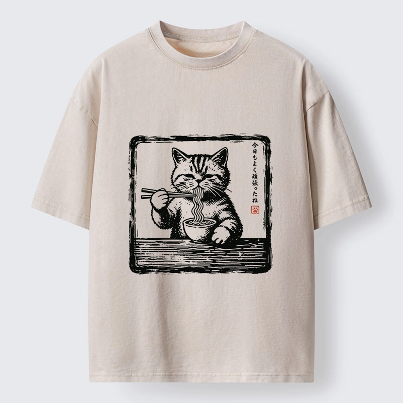 Tokyo‑Tiger Ramen Eating Cat Washed T‑Shirt