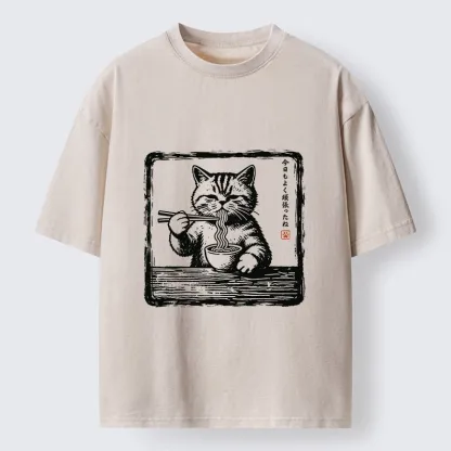 Tokyo‑Tiger Ramen Eating Cat Washed T‑Shirt