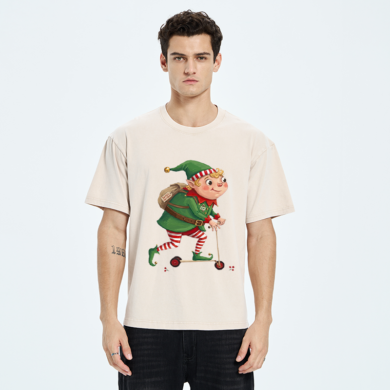 Tokyo-Tiger Christmas Elf Scooter Ride Washed T-Shirt