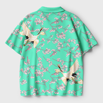 Tokyo-Tiger Cranes And Sakura Crochet Polo Shirt