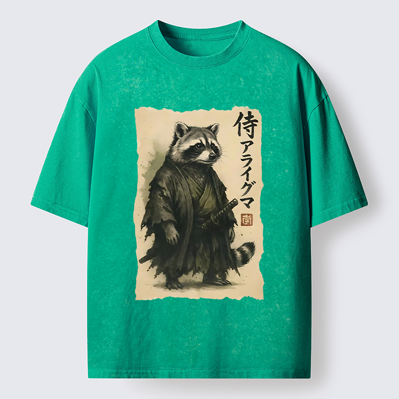 Tokyo-Tiger Japanese Samurai Raccoon Art Washed T-Shirt