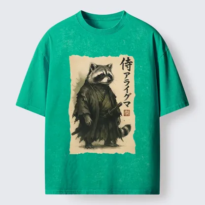 Tokyo-Tiger Japanese Samurai Raccoon Art Washed T-Shirt