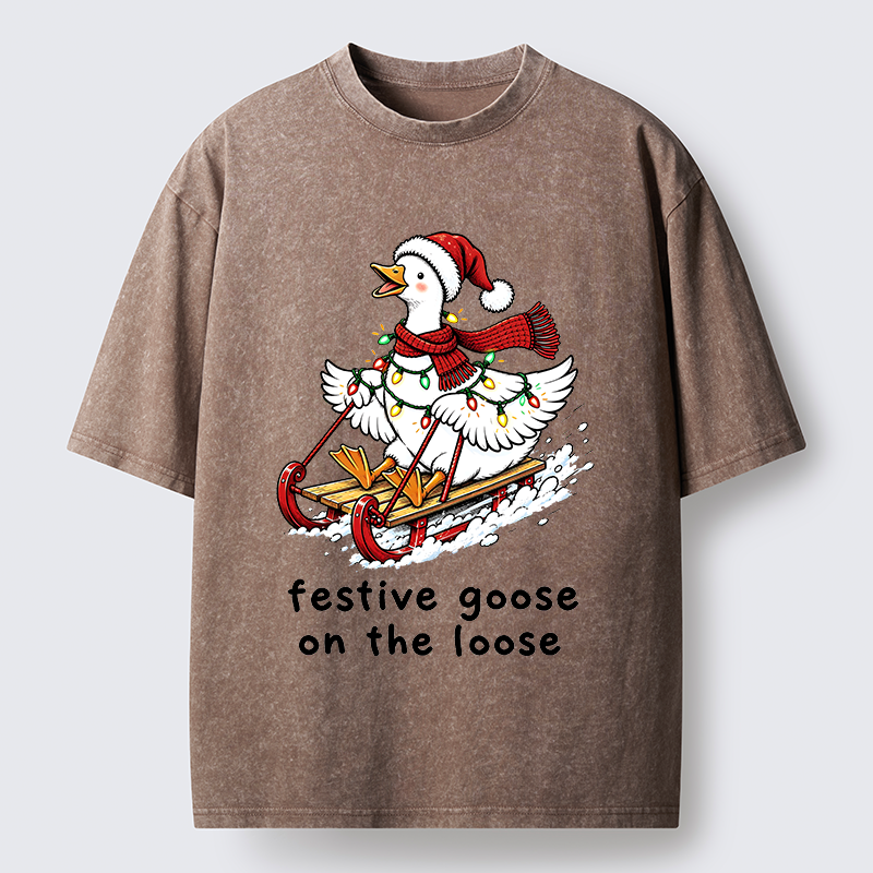 Tokyo-Tiger Funny Christmas Lights Goose Meme Washed T-Shirt