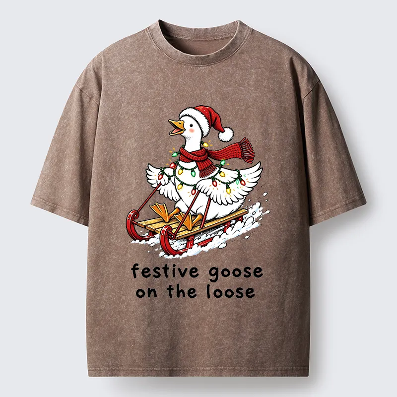 Tokyo-Tiger Funny Christmas Lights Goose Meme Washed T-Shirt