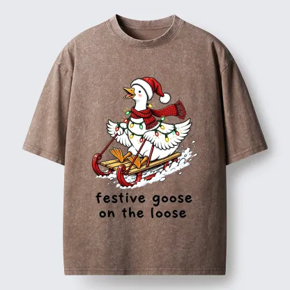 Tokyo-Tiger Funny Christmas Lights Goose Meme Washed T-Shirt