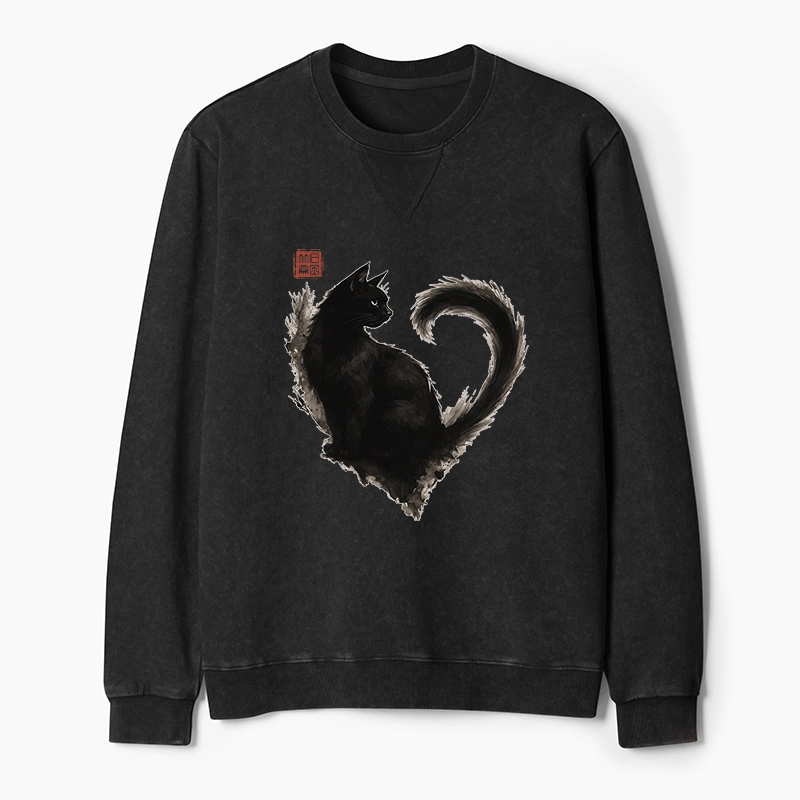Tokyo-Tiger Funny Heart-Shaped Ink Cat Washed Terry Sweatshirt