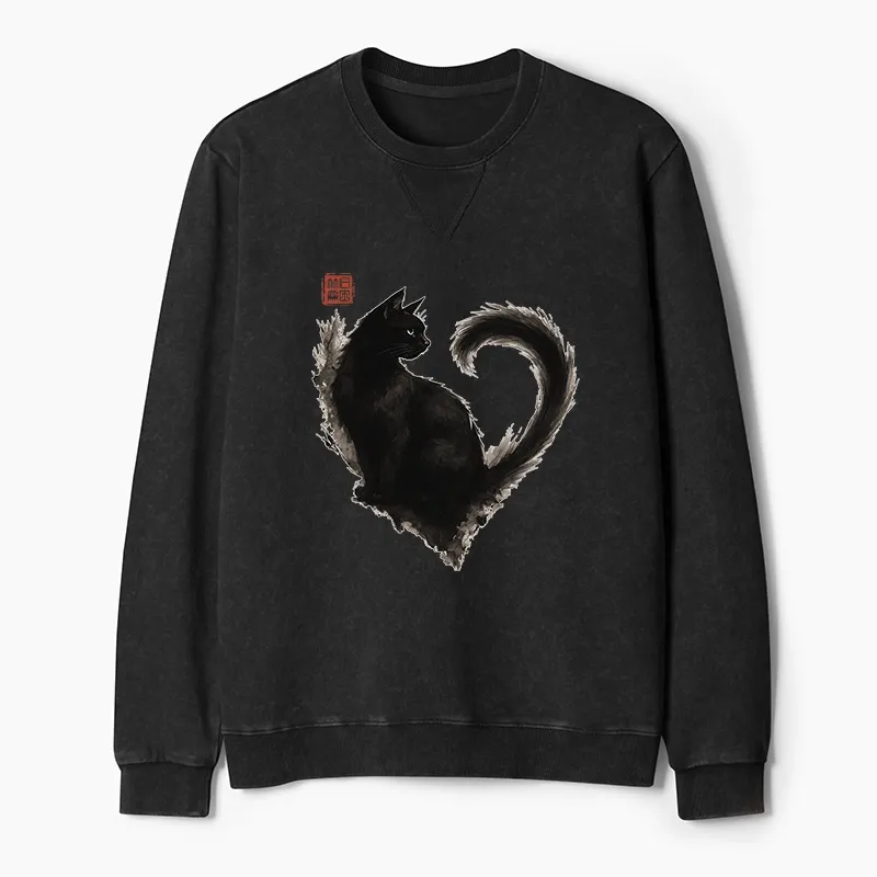 Tokyo-Tiger Funny Heart-Shaped Ink Cat Washed Terry Sweatshirt