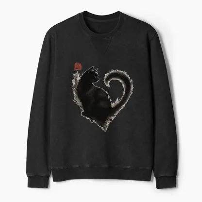 Tokyo-Tiger Funny Heart-Shaped Ink Cat Washed Terry Sweatshirt