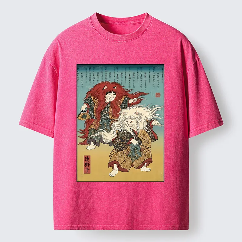 Tokyo-Tiger Traditional Japanese Kabuki Style Cat Art Washed T-Shirt