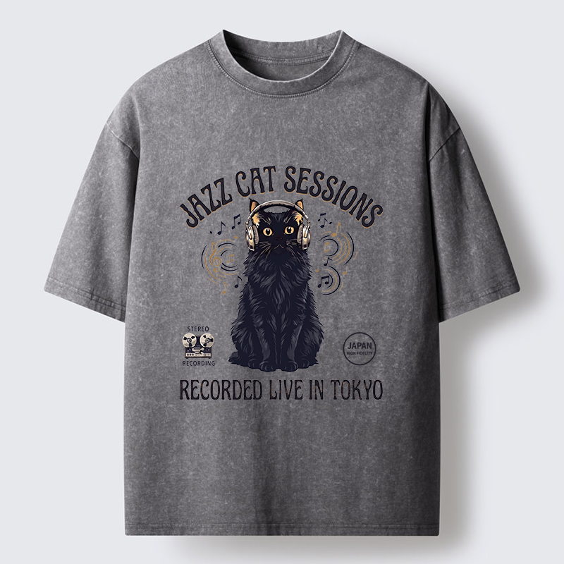 Tokyo-Tiger Jazz Cat Vibes Washed T-Shirt