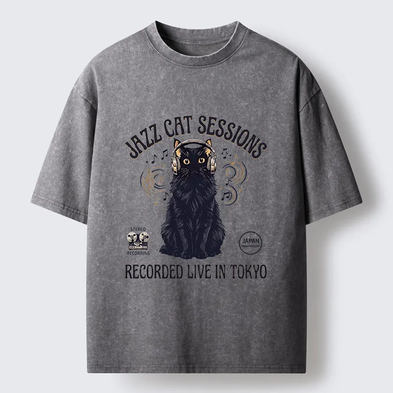 Tokyo-Tiger Jazz Cat Vibes Washed T-Shirt