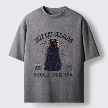 Tokyo-Tiger Jazz Cat Vibes Washed T-Shirt