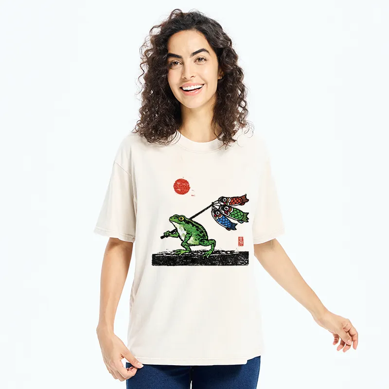 Tokyo-Tiger The Frog Carrying Carp Flags Washed T-Shirt