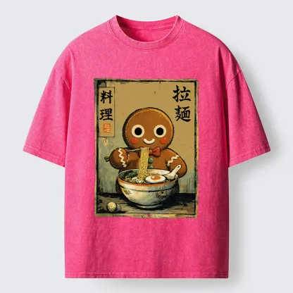 Tokyo-Tiger Funny Gingerbread Eating Ramen Washed T-Shirt