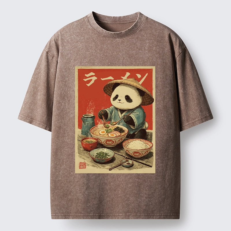Tokyo-Tiger Panda Enjoying Ramen Washed T-Shirt