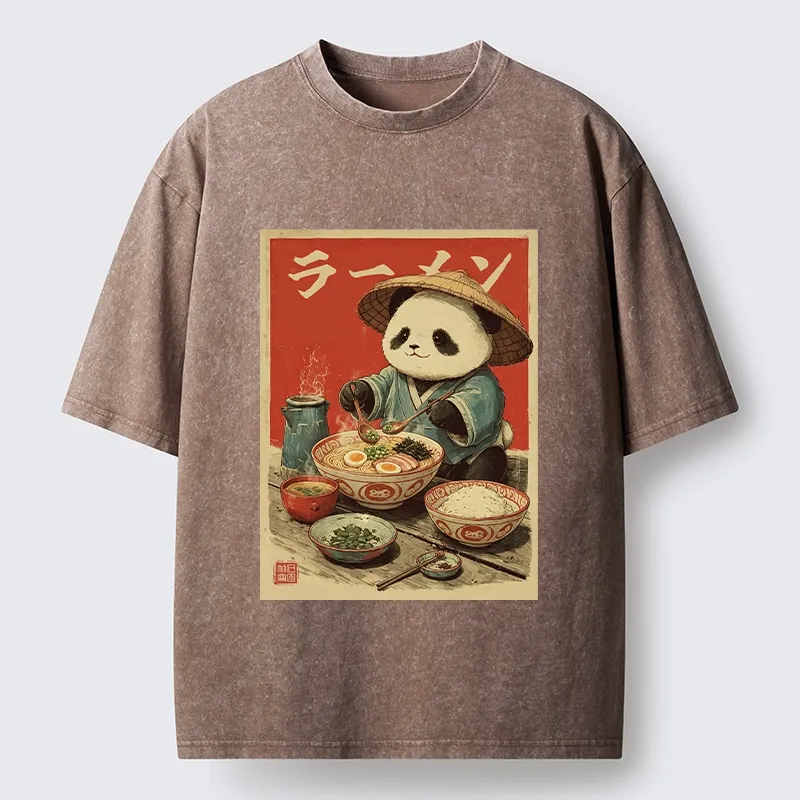 Tokyo-Tiger Panda Enjoying Ramen Washed T-Shirt