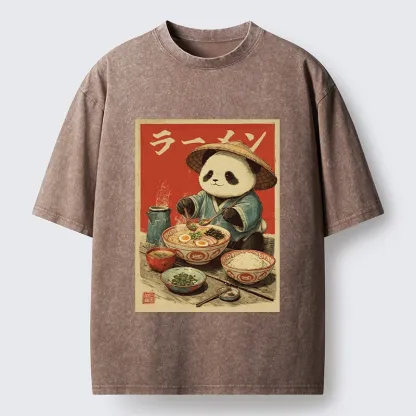 Tokyo-Tiger Panda Enjoying Ramen Washed T-Shirt