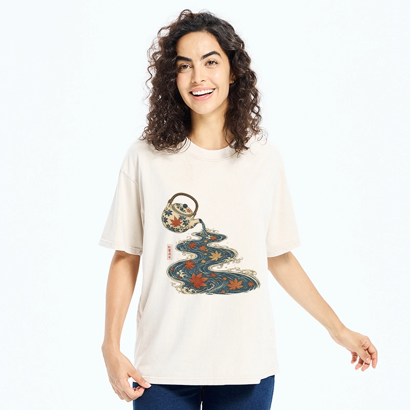 Tokyo-Tiger Maple Tea Pot Flowing River Ukiyo Art Washed T-Shirt