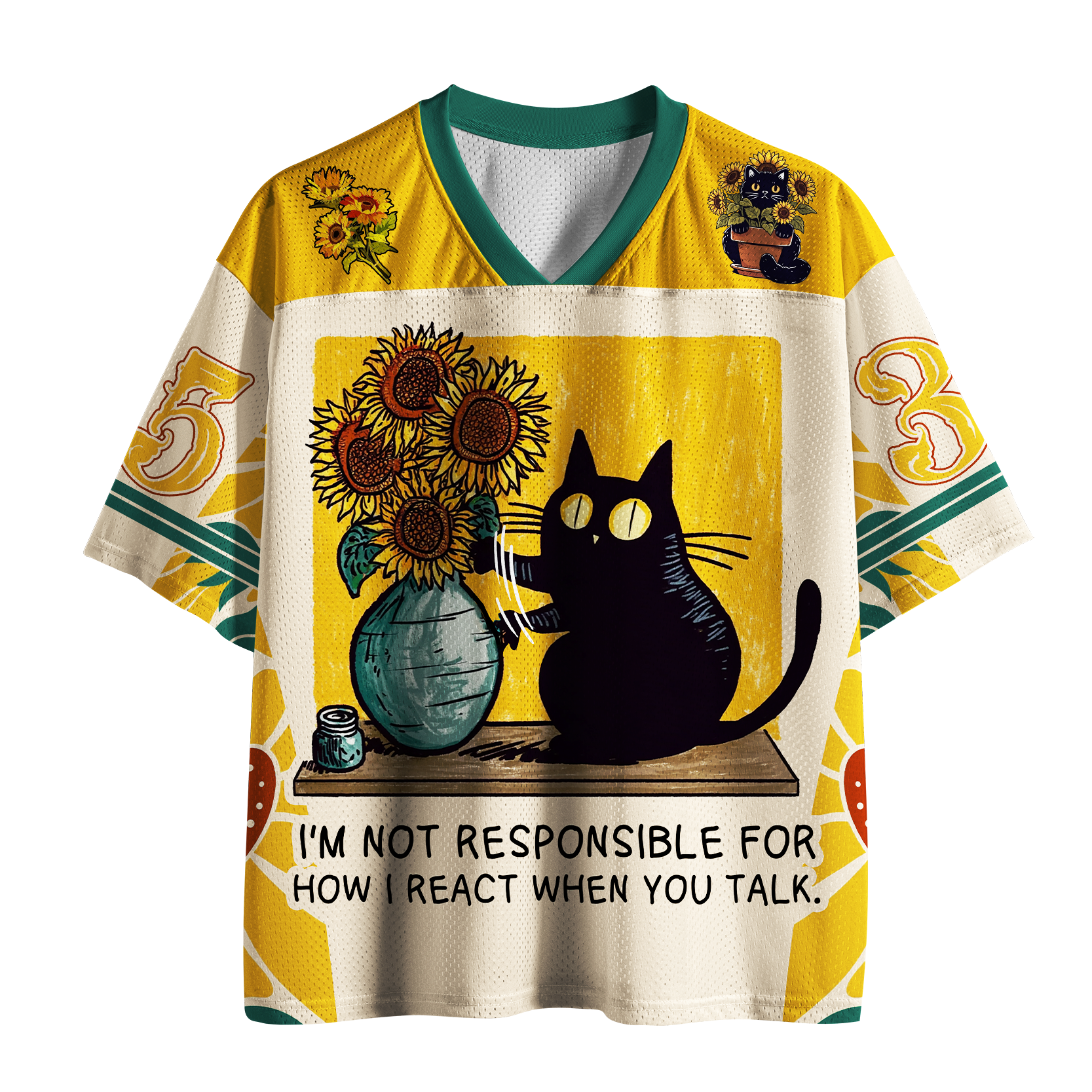 Tokyo-Tiger Black Cat & Sunflowers Mesh Jersey